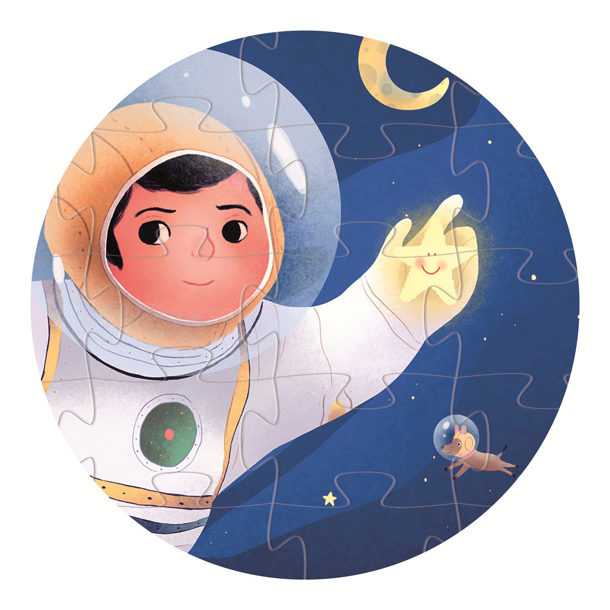 A colorful puzzle featuring an astronaut floating in space alongside a playful cat, set against a vibrant blue cosmic backdrop.