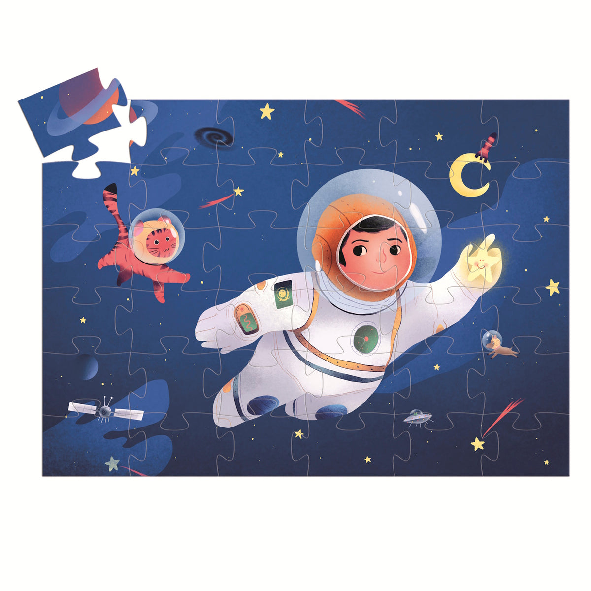 A colorful puzzle featuring an astronaut floating in space alongside a playful cat, set against a vibrant blue cosmic backdrop.