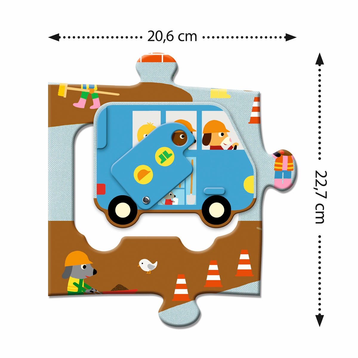 A giant jigsaw puzzle titled "Construction Site" featuring a detailed illustration of a bustling construction site with various machinery and workers.