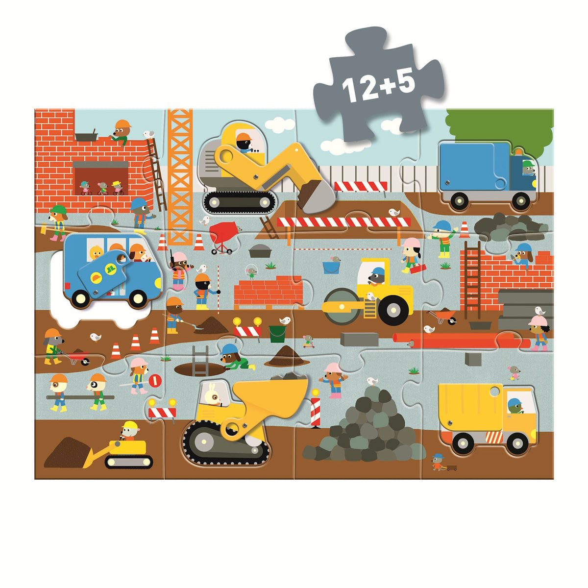 A giant jigsaw puzzle titled "Construction Site" featuring a detailed illustration of a bustling construction site with various machinery and workers.