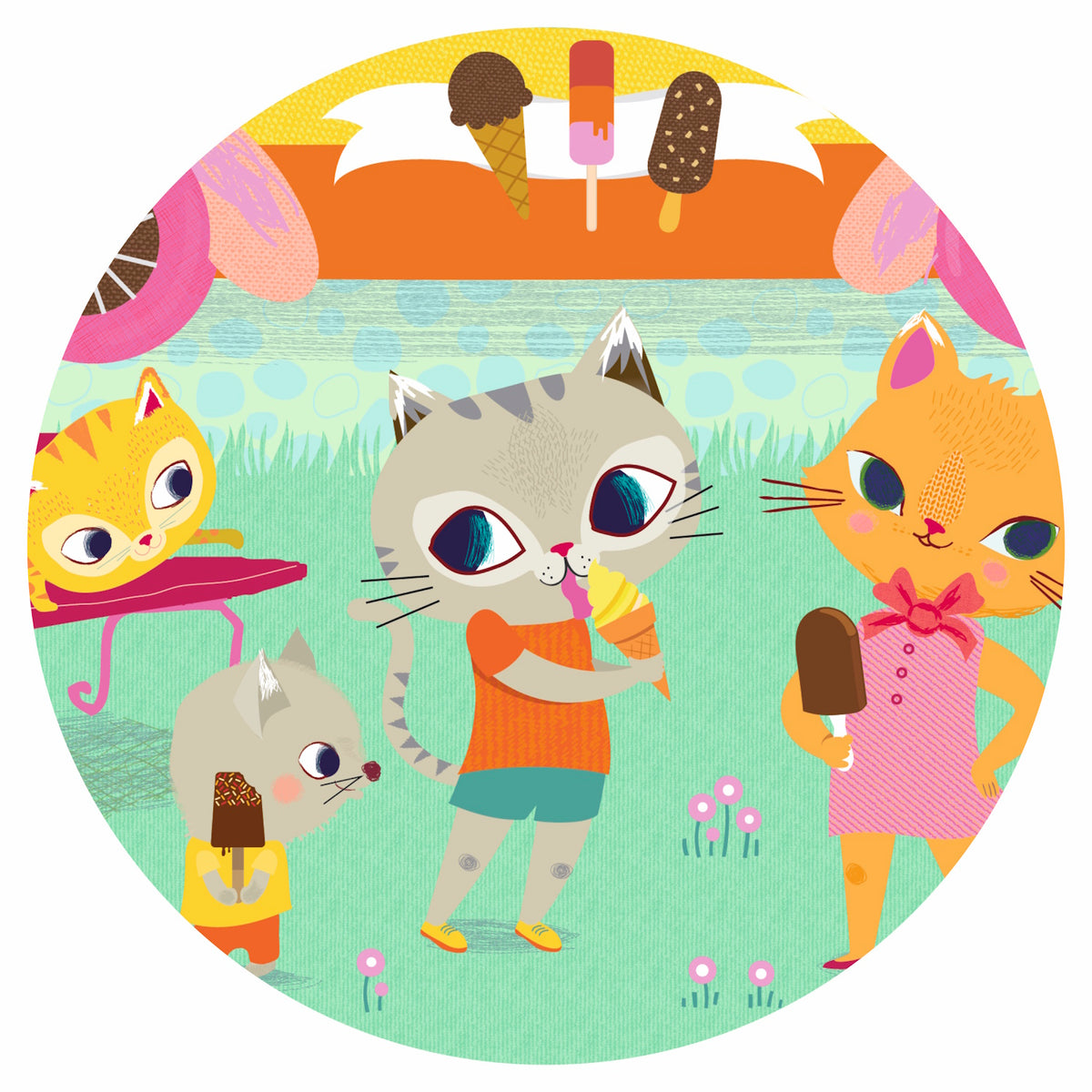 A 16-piece jigsaw puzzle titled "Ice Cream Truck" by Djeco, featuring a whimsical scene of a cat serving ice cream from a colorful truck in a park setting.