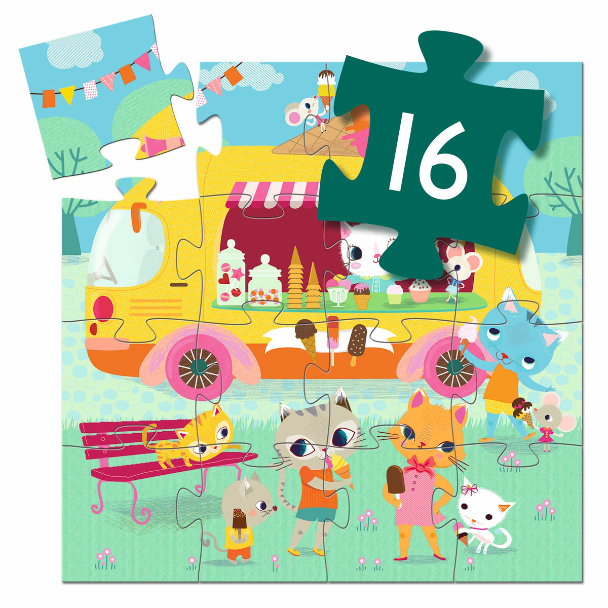 A 16-piece jigsaw puzzle titled "Ice Cream Truck" by Djeco, featuring a whimsical scene of a cat serving ice cream from a colorful truck in a park setting.