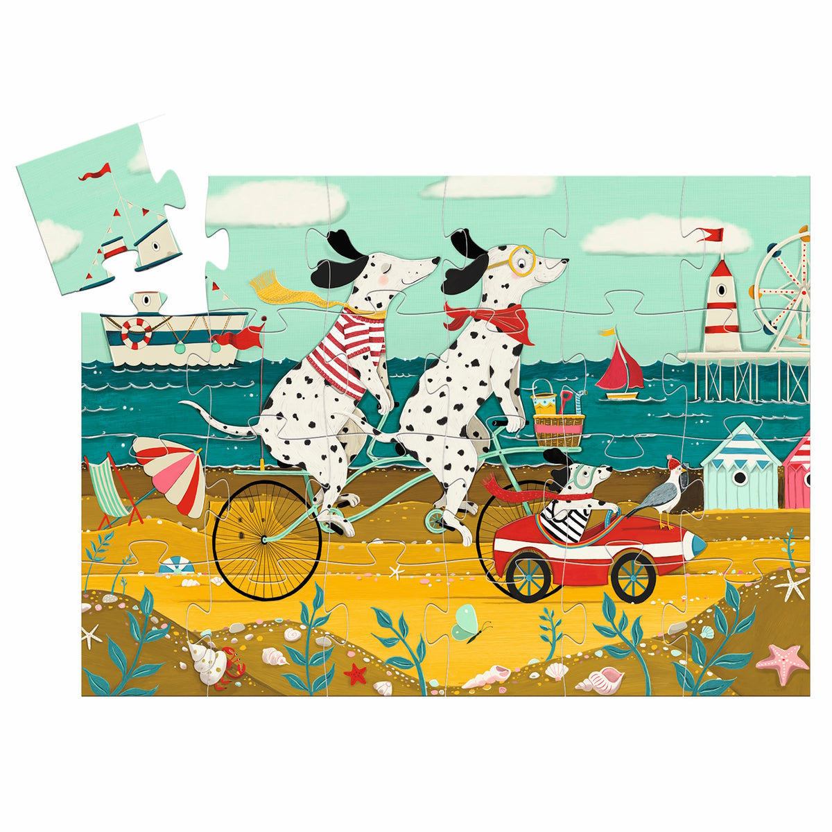 A charming 36-piece jigsaw puzzle showcasing Ollie, a playful Dalmatian surrounded by colorful, vibrant scenery.