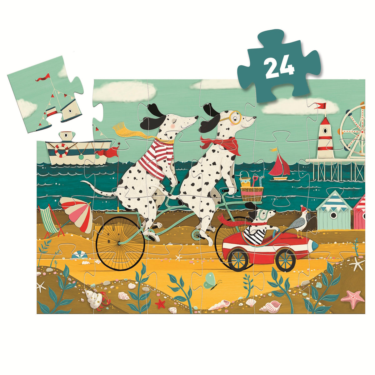 A charming 36-piece jigsaw puzzle showcasing Ollie, a playful Dalmatian surrounded by colorful, vibrant scenery.