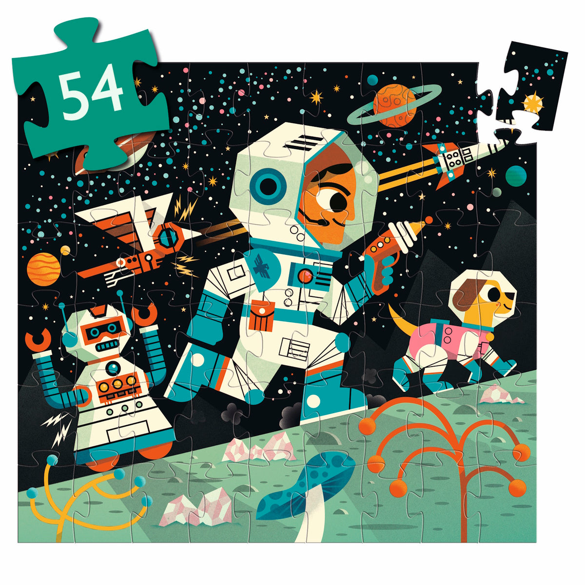 A captivating 54-piece jigsaw puzzle depicting an adventurous space scene featuring a bustling space station, astronauts, and colorful planets.