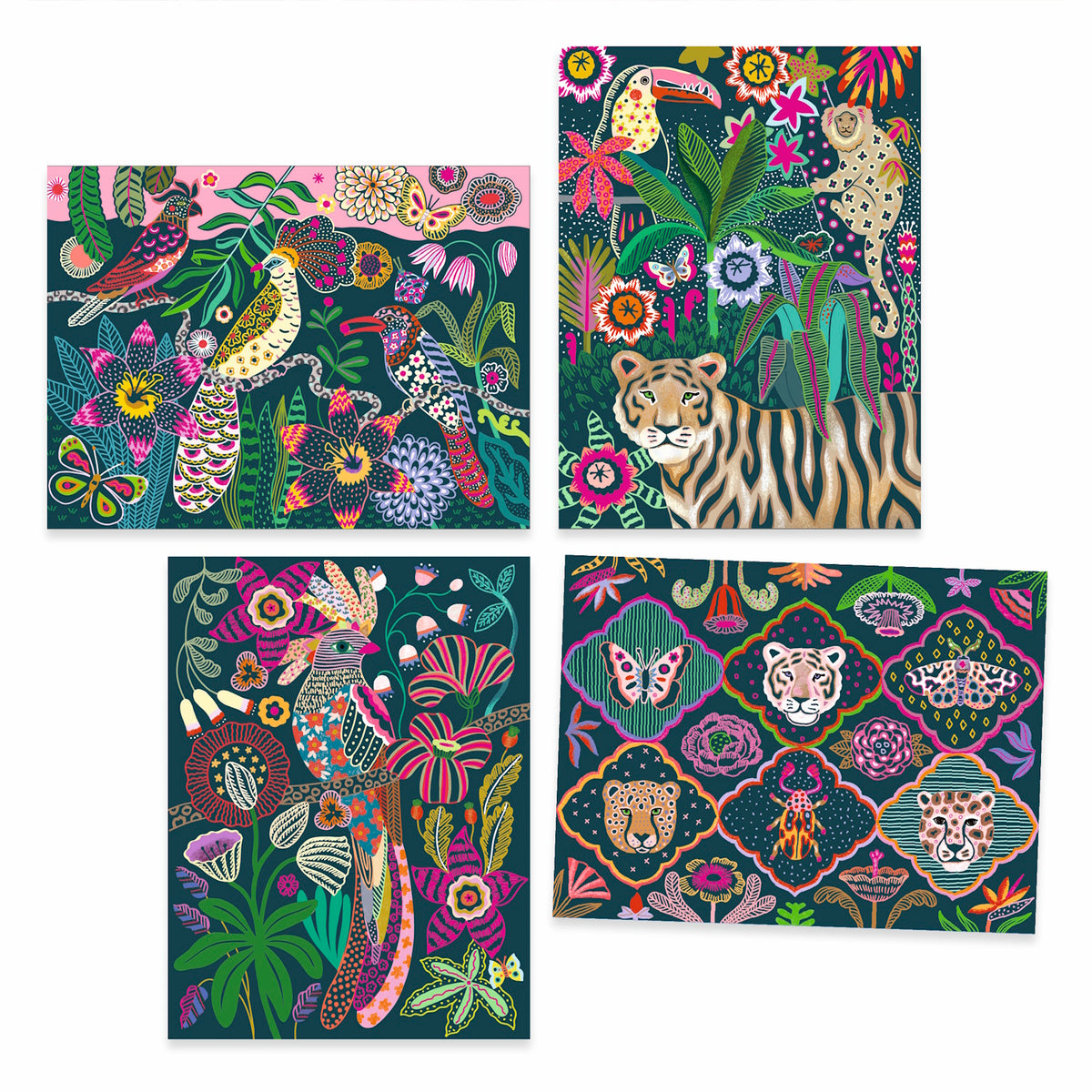 Four colorful illustrated panels featuring vibrant wildlife, including birds, a tiger, and lush tropical plants in bold patterns.