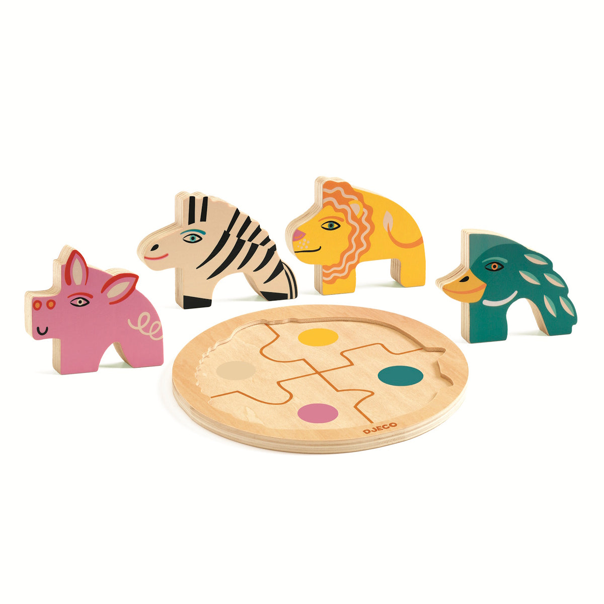 Djeco wooden animal puzzle for toddlers featuring a colorful pig, zebra, lion, and duck with a circular base.
