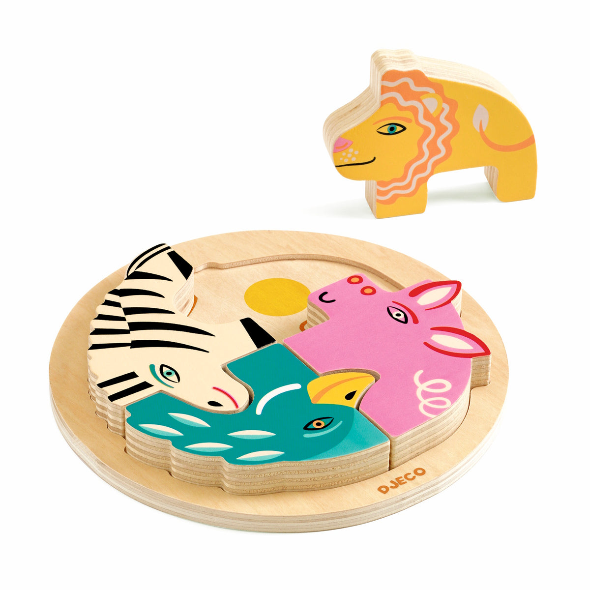 Djeco wooden animal puzzle for toddlers featuring a colorful lion, zebra, bird, and hippopotamus.