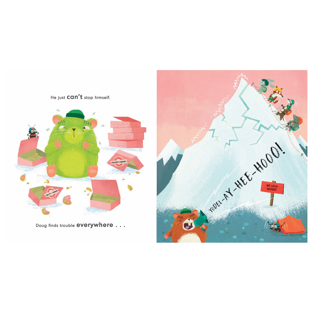Double page children's book spread showing a hamster with donuts and a gopher yodeling on a snowy mountain, with text.