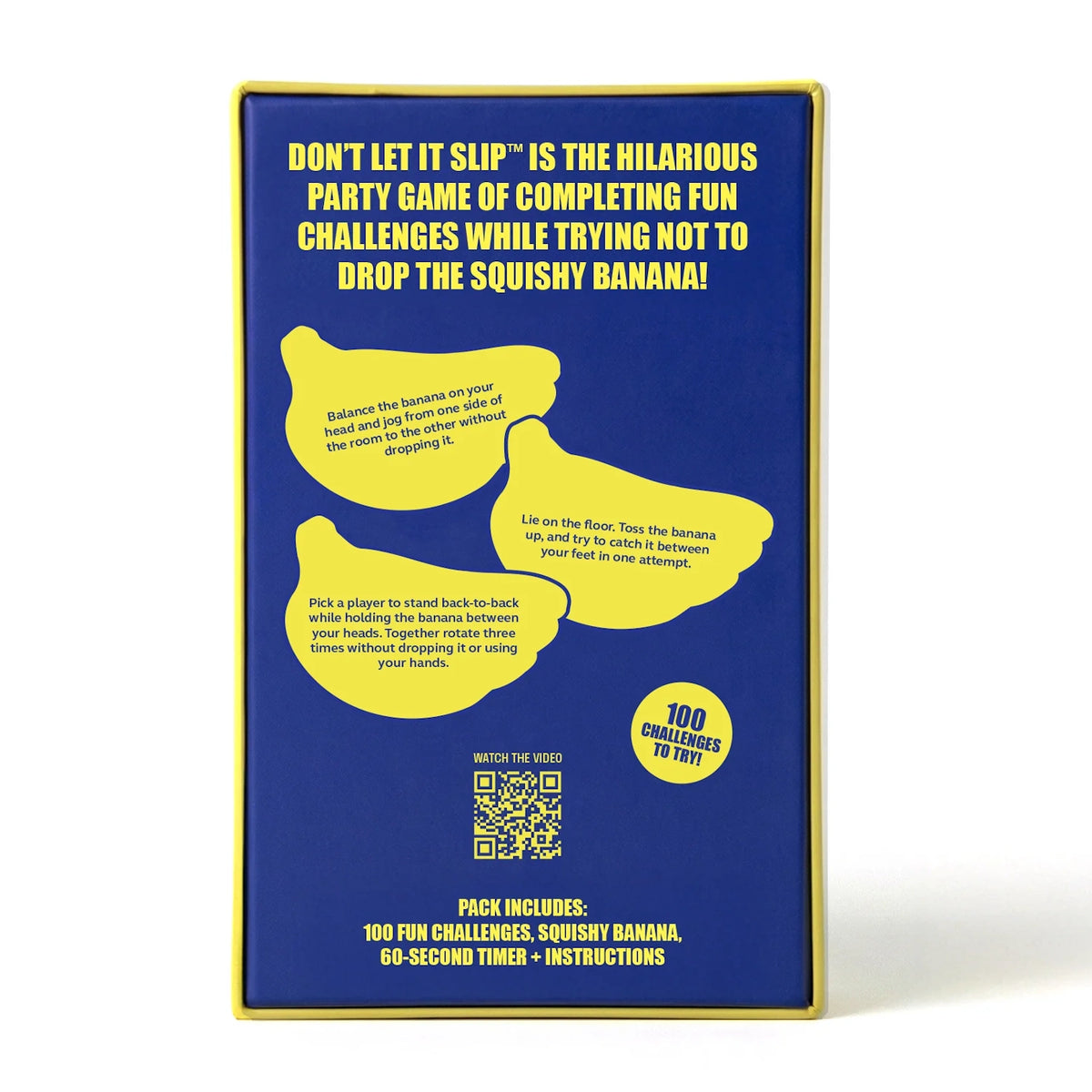 Back of blue and yellow "Don't Let It Slip" game box showing rules, challenges, and a QR code.