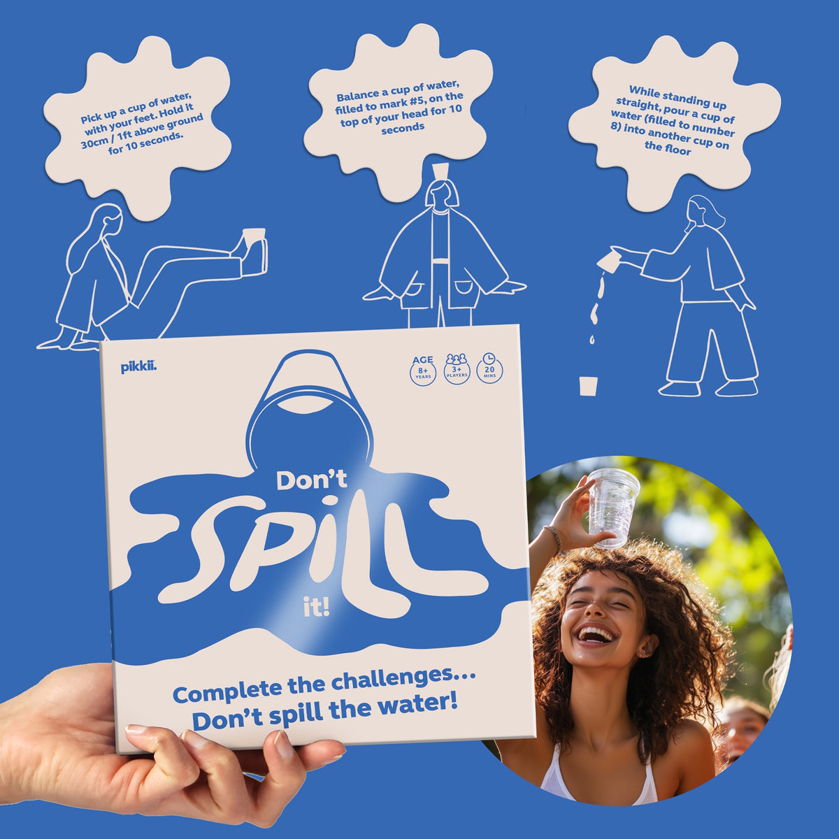 Don't Spill It game box held by a hand, showing water challenge illustrations and gameplay photo.