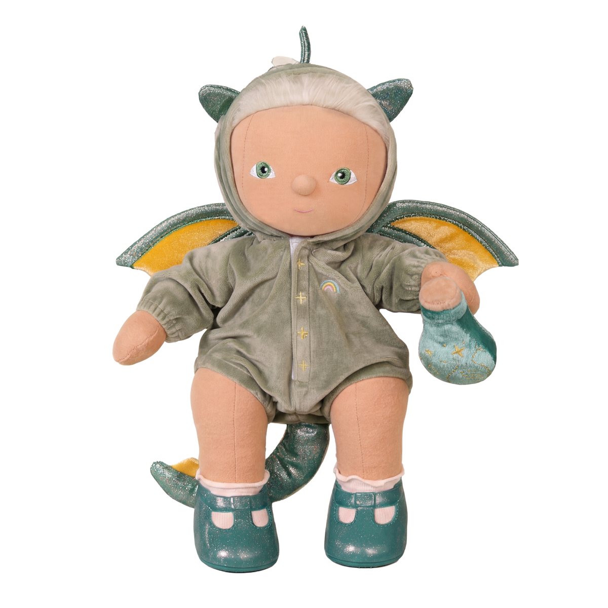 Plush baby doll wearing a green dragon costume with wings and a tail.