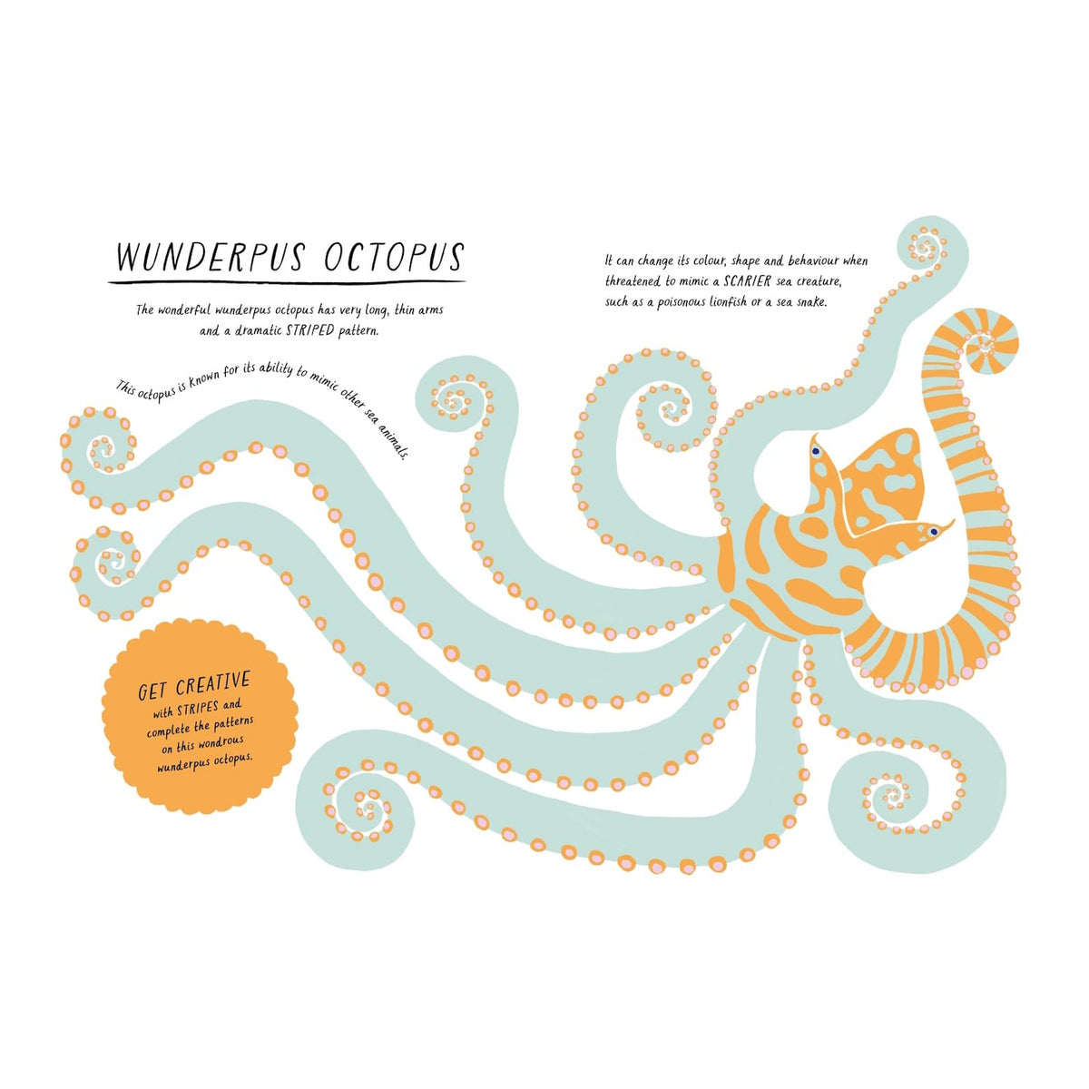 Wunderpus octopus illustration from a children's activity book with orange stripes and "Get Creative" prompt.