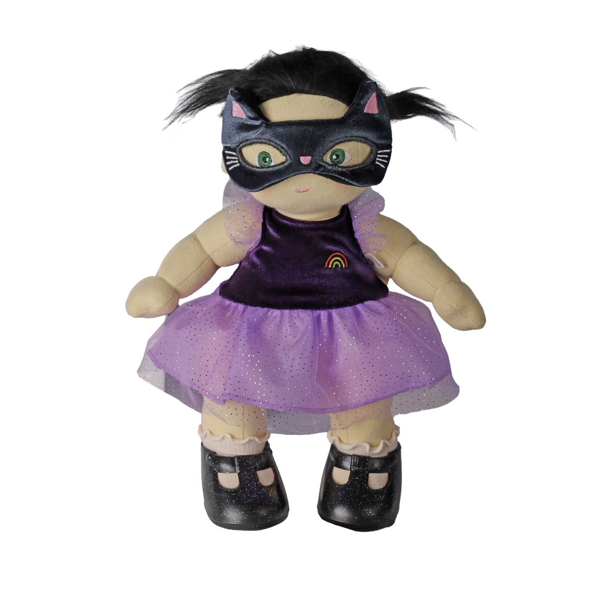 Plush doll wearing a black cat mask and purple sparkly dress against a white background.