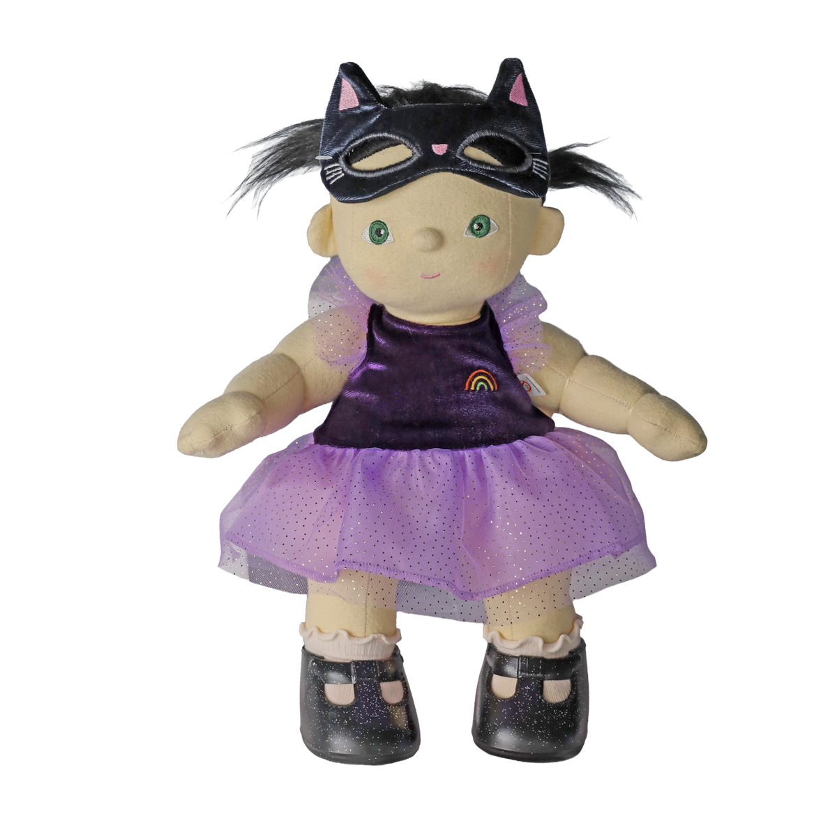 Plush doll in a cat mask lifted above its eyes, dressed in purple, set against a white background.