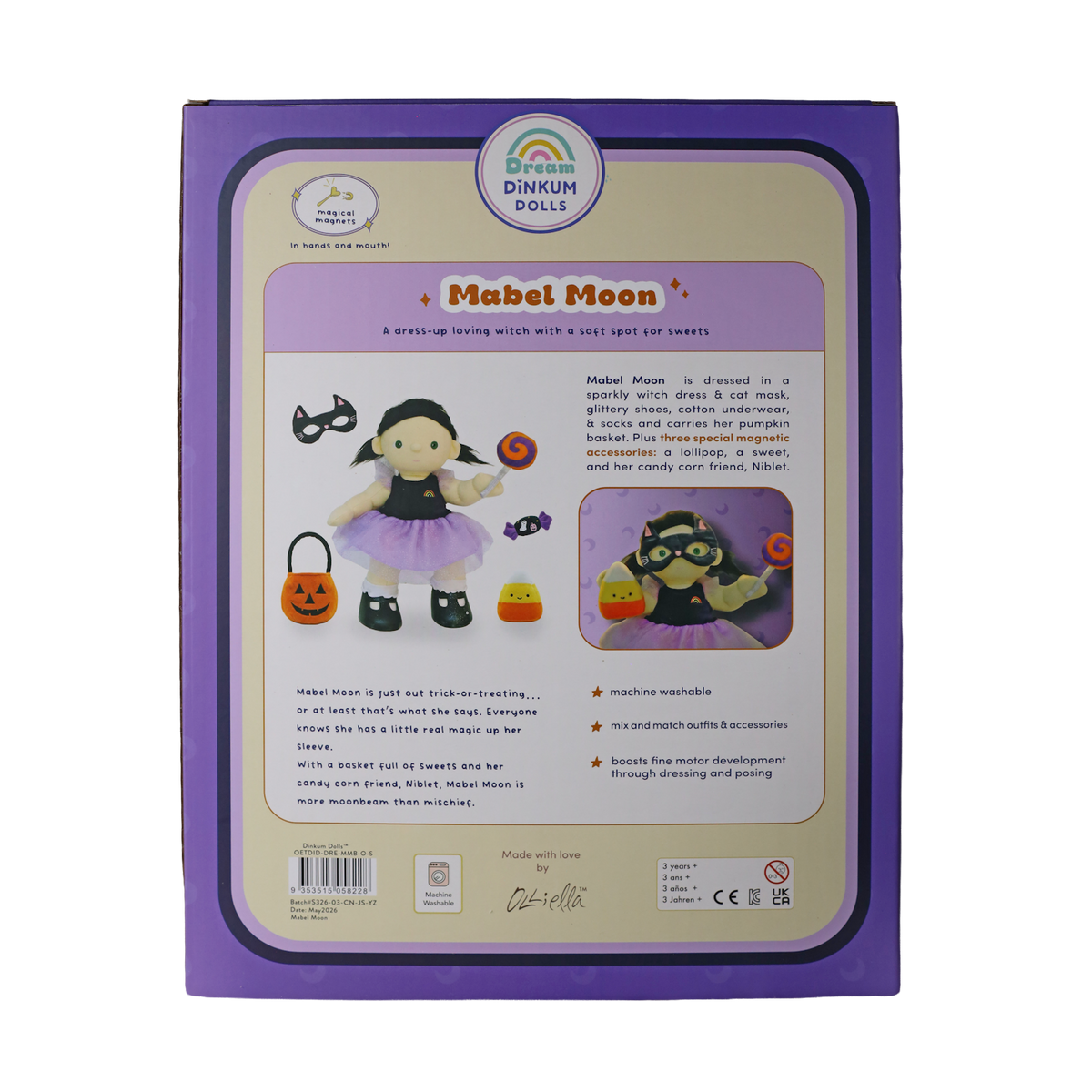 Back of toy packaging detailing the features and story of a Halloween-themed plush doll.