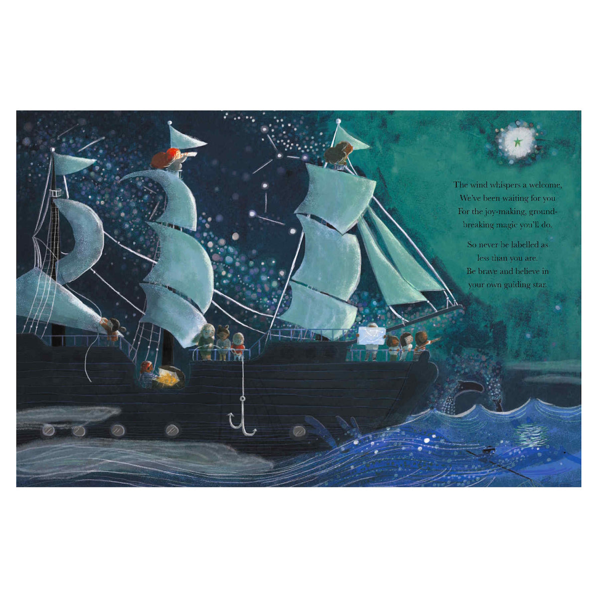 Illustration of a whimsical ship with large sails against a starry night sky. Animals are aboard, conveying adventure. A comforting poem is on the right.