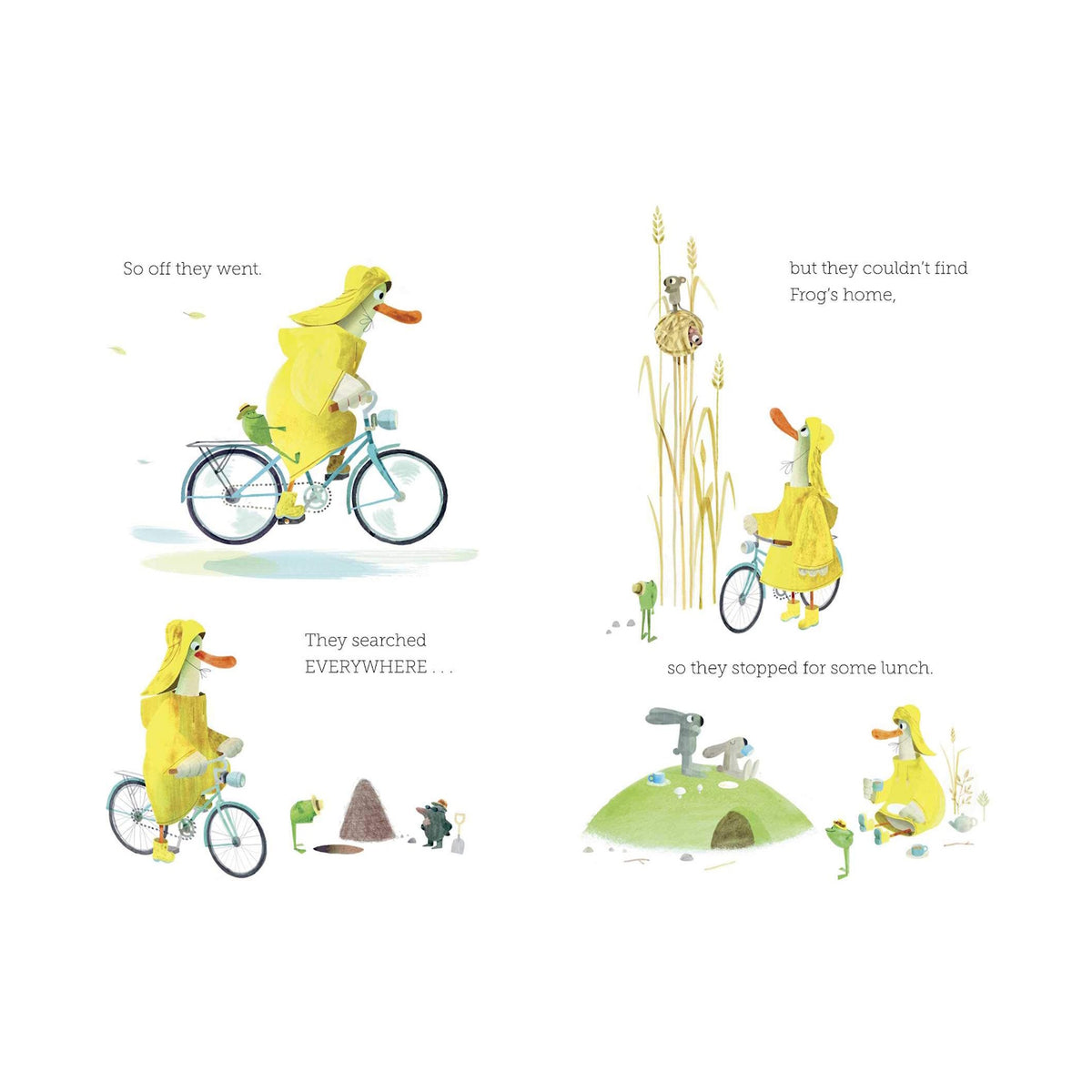 Duck in yellow raincoat riding a blue bicycle with a frog, searching through nature in children's book illustrations.