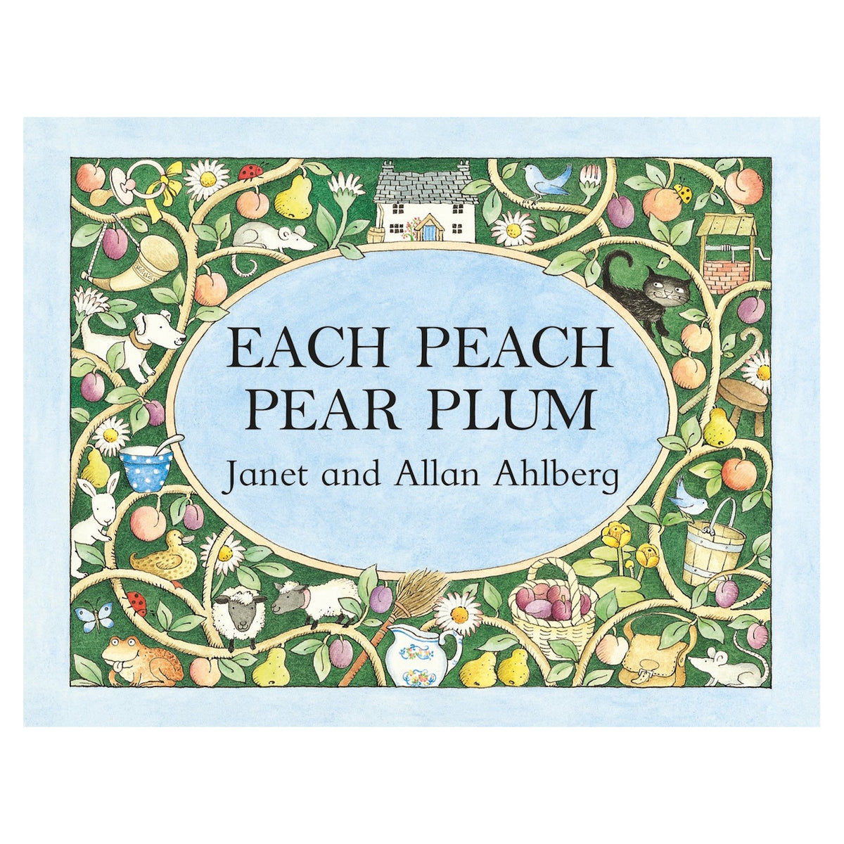 Colorful illustration of "Each Peach Pear Plum" cover by Janet and Allan Ahlberg. Features playful animals, fruit, and a cottage within a floral border.