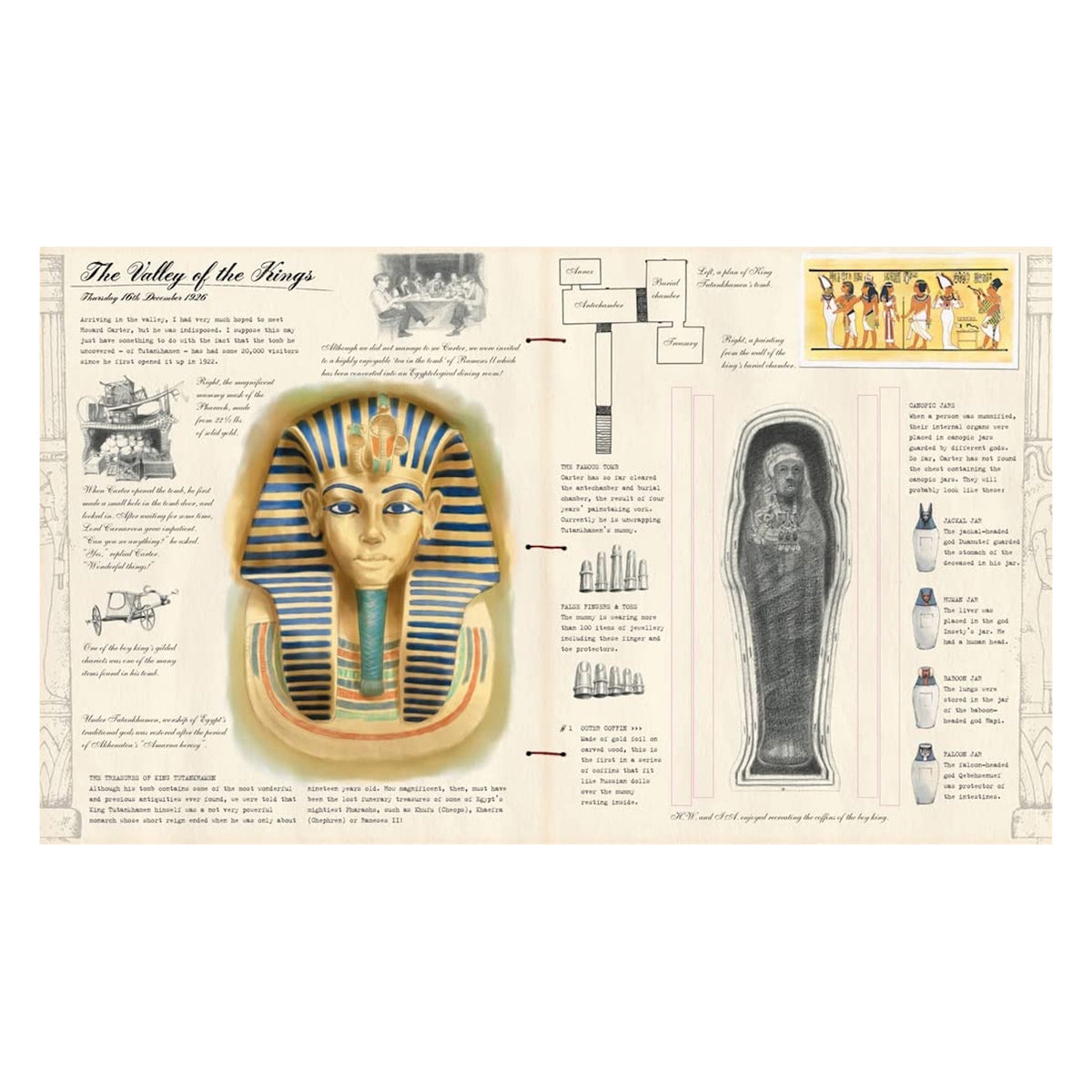 Illustration of an ancient Egyptian journal spread showing King Tutankhamun's mask, hieroglyphics, a sarcophagus, canopic jars, and notes on tomb artifacts.