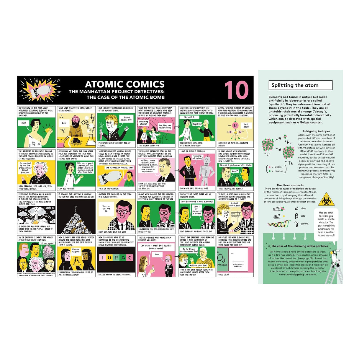 Book spread with a comic strip about the Manhattan Project and atomic bomb, alongside facts on splitting the atom.