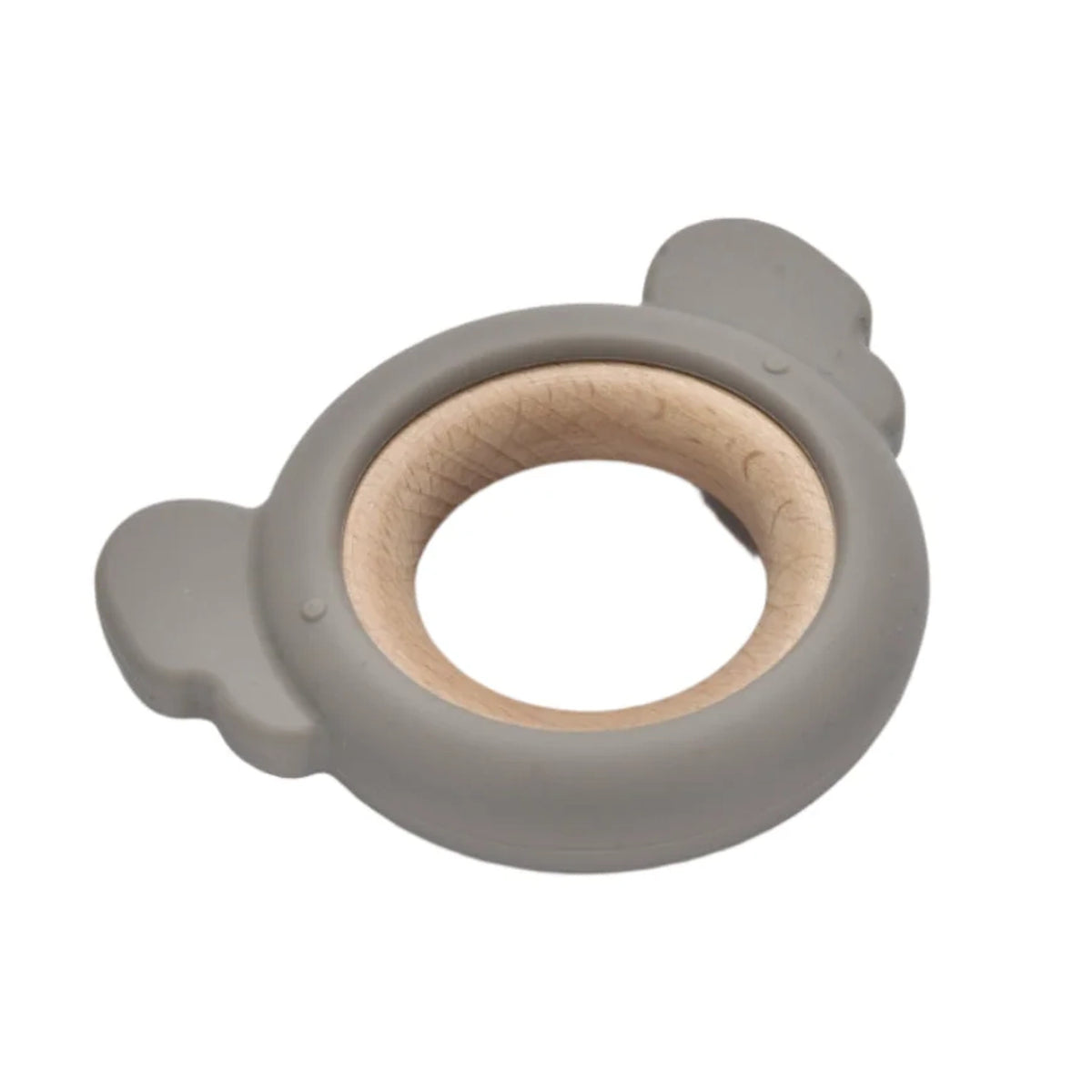 Grey silicone and wooden baby teething ring shown at an angle.