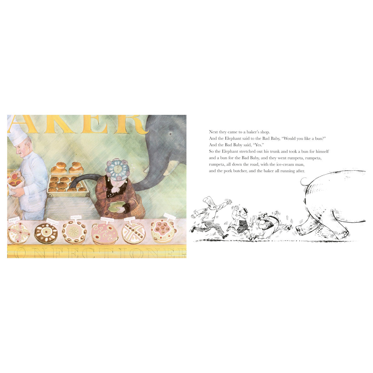 An elephant and a small creature visit a bakery with a baker on the left, offering pastries. To the right, black-and-white sketches show them running away with pastries, followed by others. Text on the right accompanies the scene.