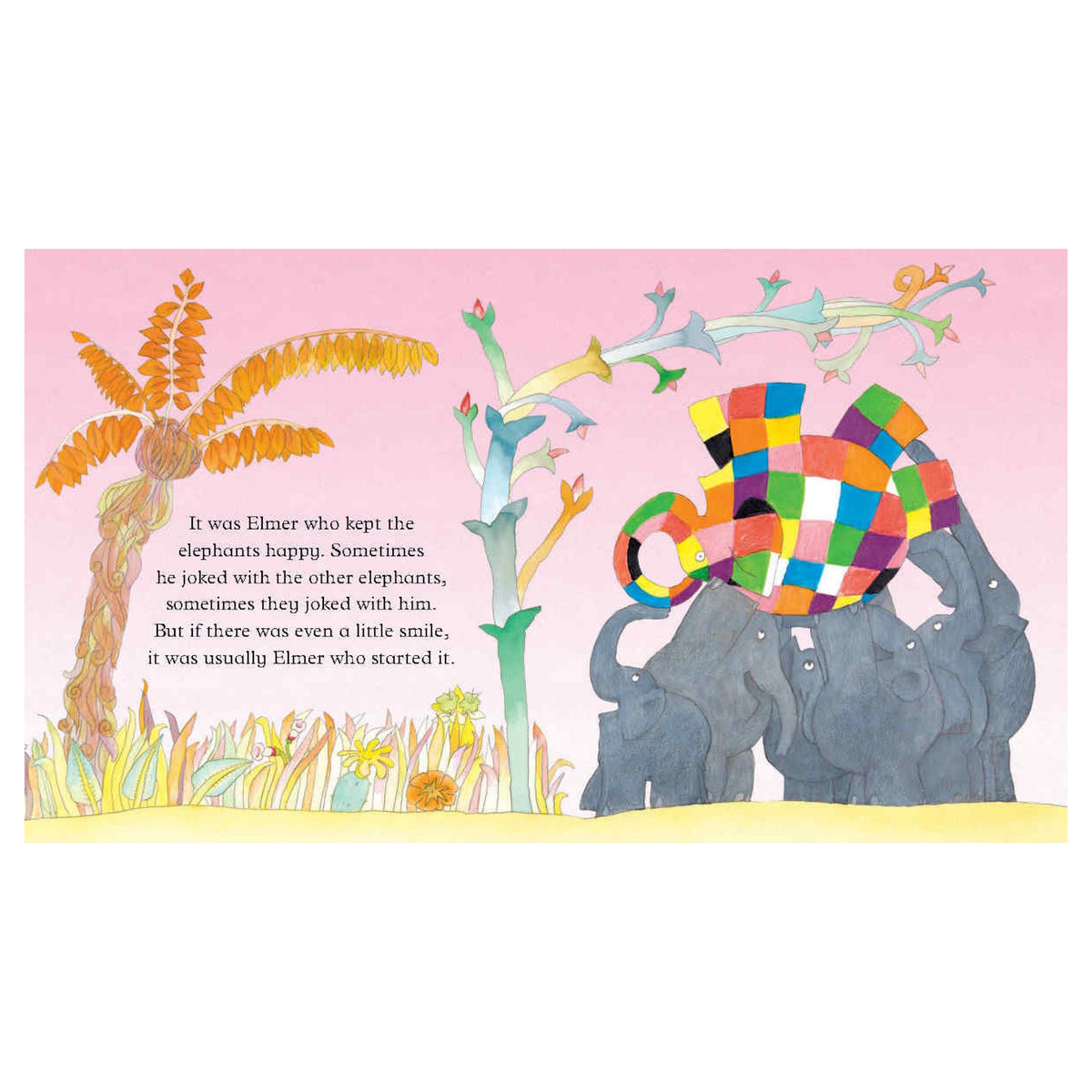 Elmer the patchwork elephant being held up by grey elephants in a colorful jungle scene from a children's book.