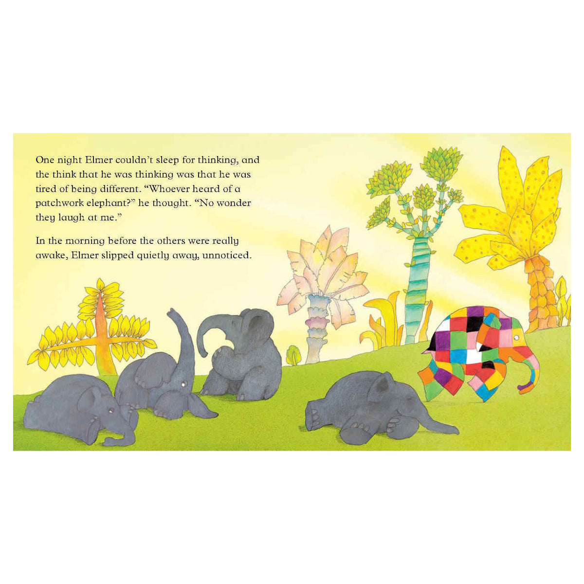 Elmer the patchwork elephant walks past sleeping grey elephants in a colorful jungle scene from a children's book.