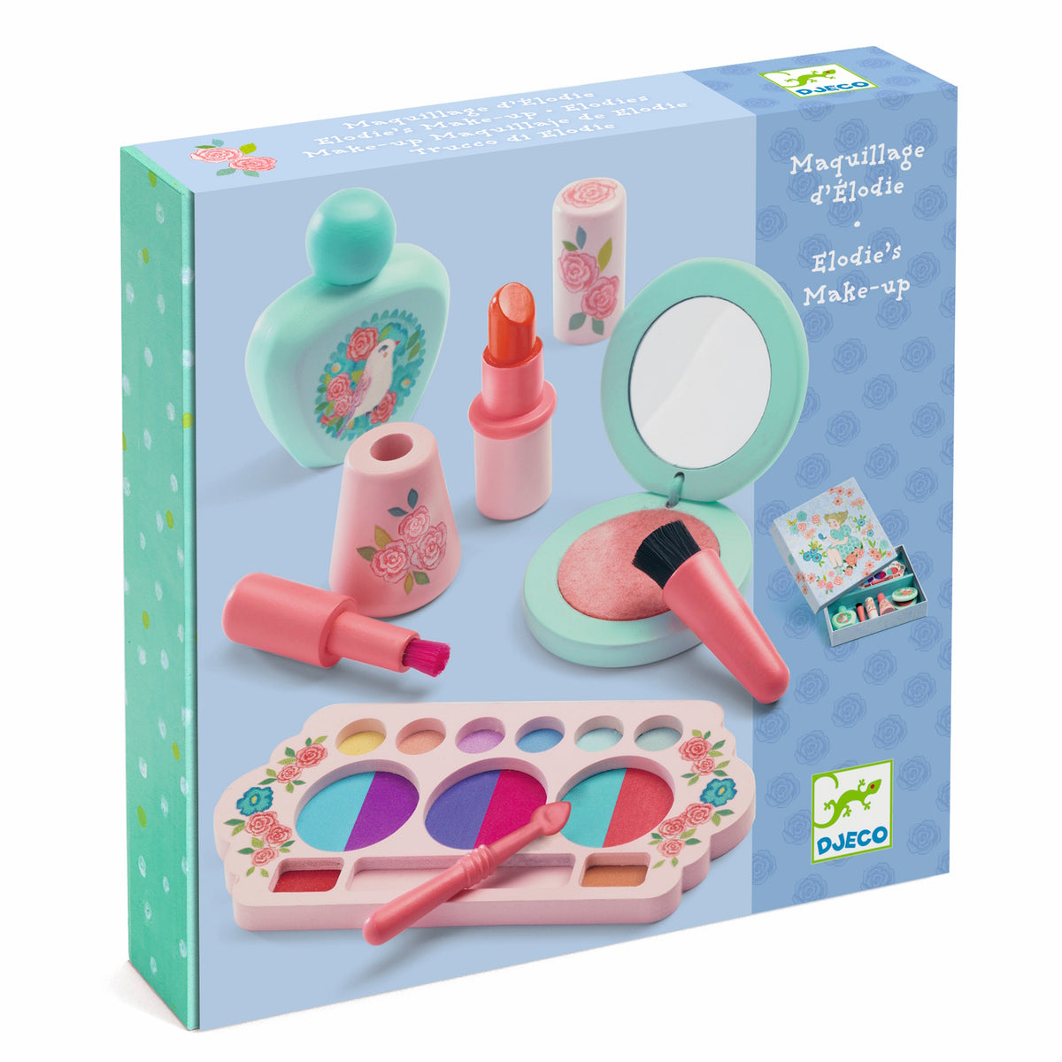 Djeco Elodie's Make-up wooden vanity play set for toddlers with pretend lipstick, perfume, and eyeshadow.