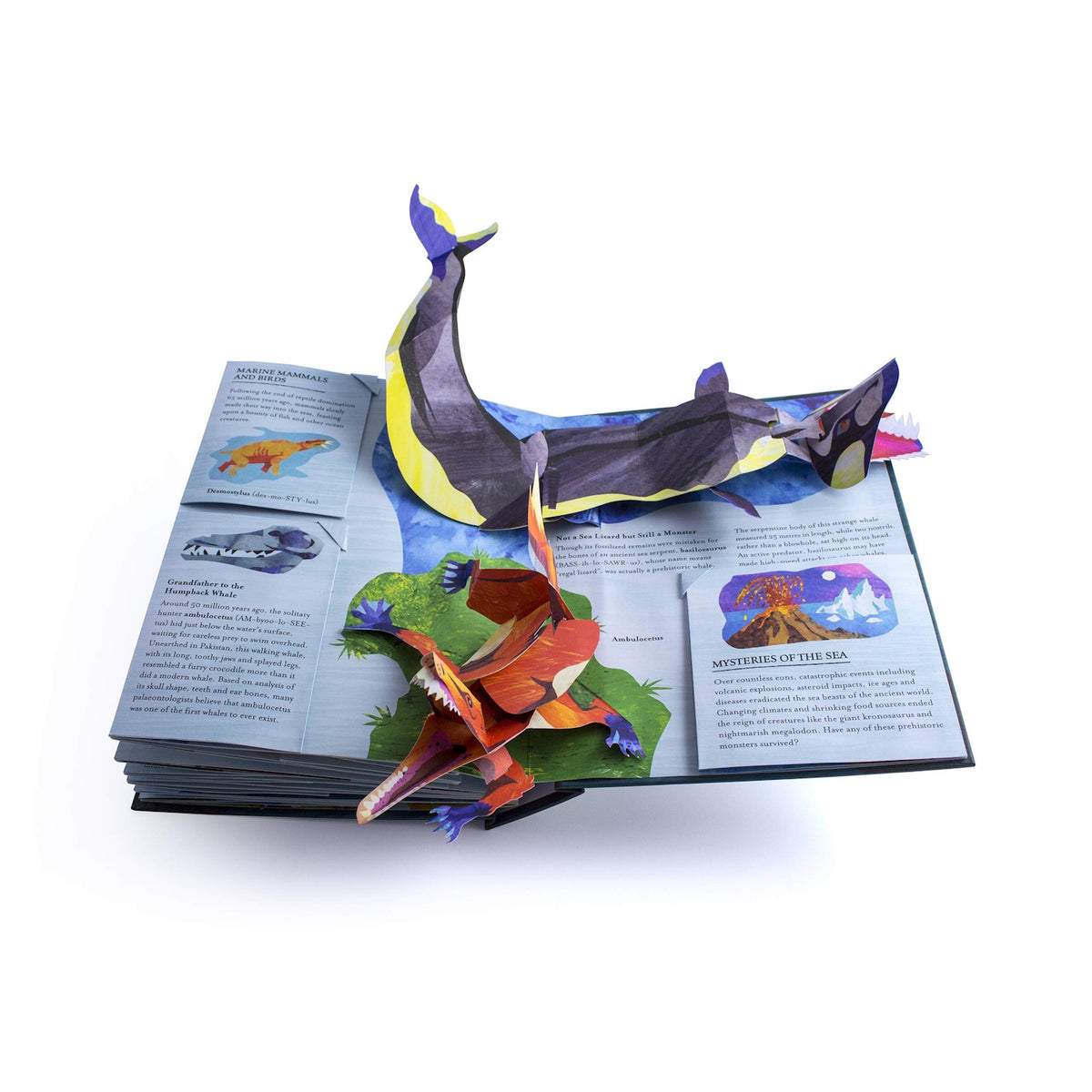 A colorful pop-up book page featuring a large sea monster and a smaller creature emerging in 3D paper art. Text and ocean imagery surround them, creating an adventurous tone.