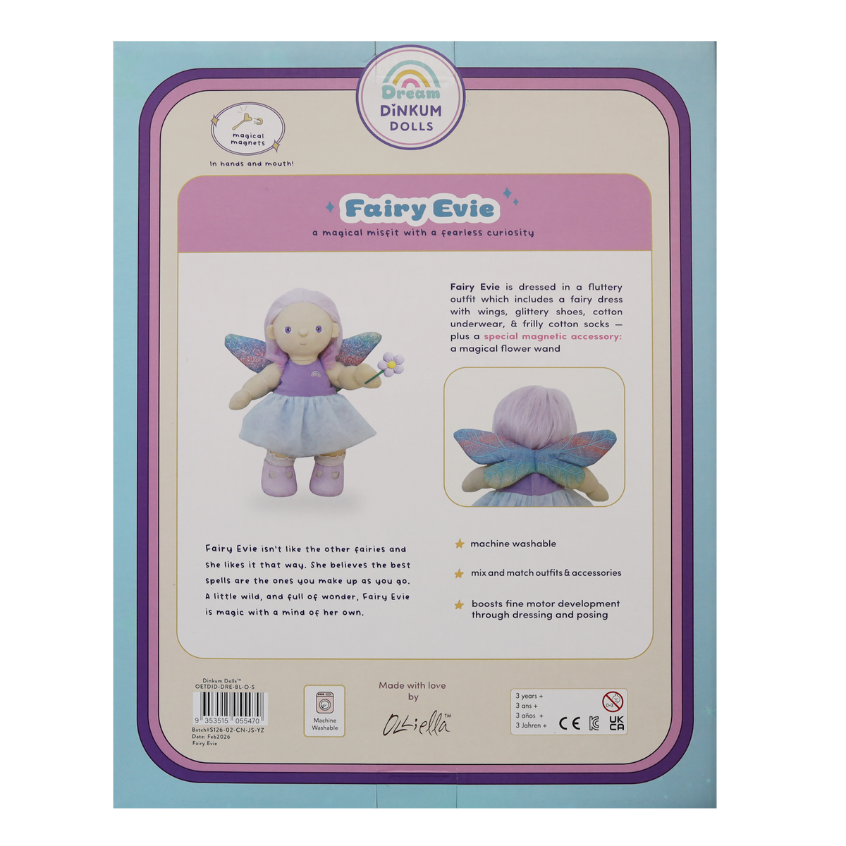 Back packaging of Olli Ella Dream Dinkum Dolls Fairy Evie plush toy showing product details.