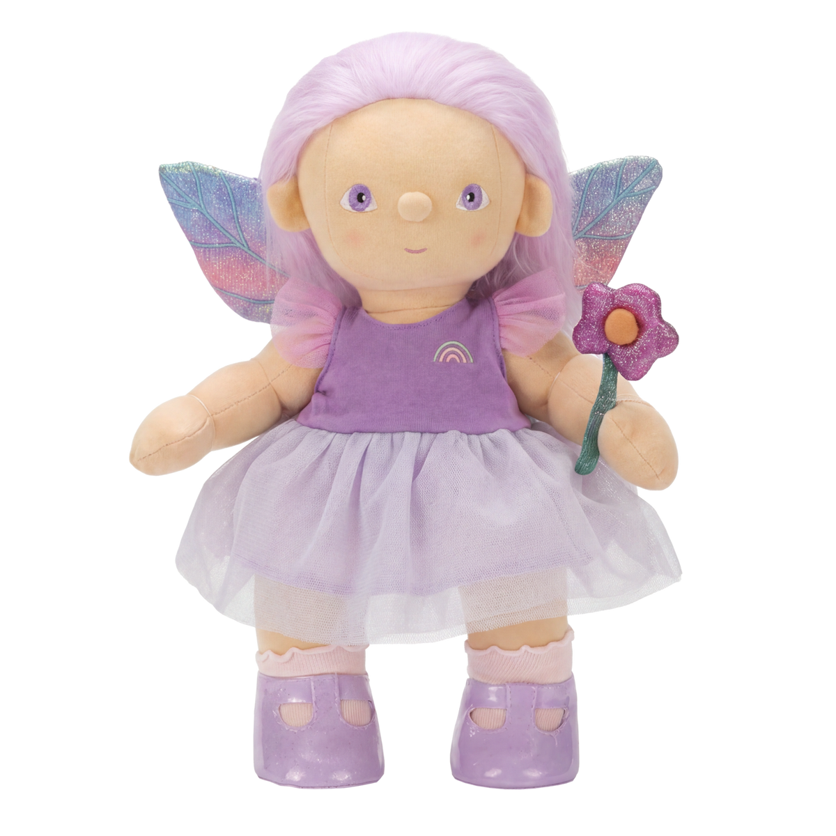 Purple fairy plush doll with glittery wings and tutu dress holding a flower.