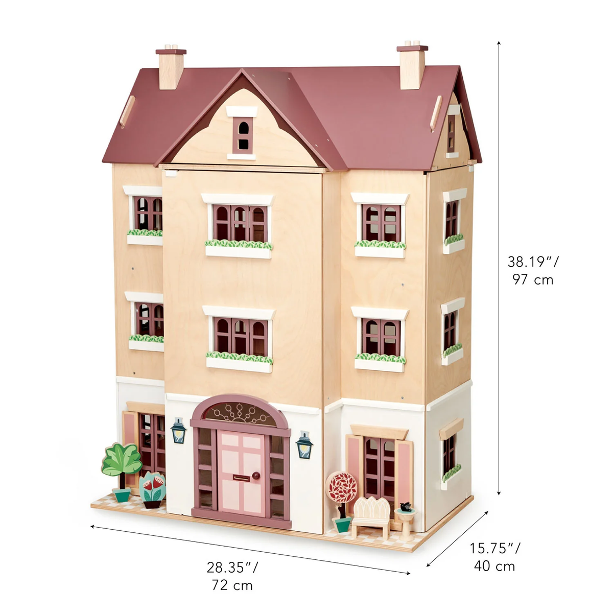 Closed wooden dollhouse showing front exterior facade with product height, width, and depth dimensions.