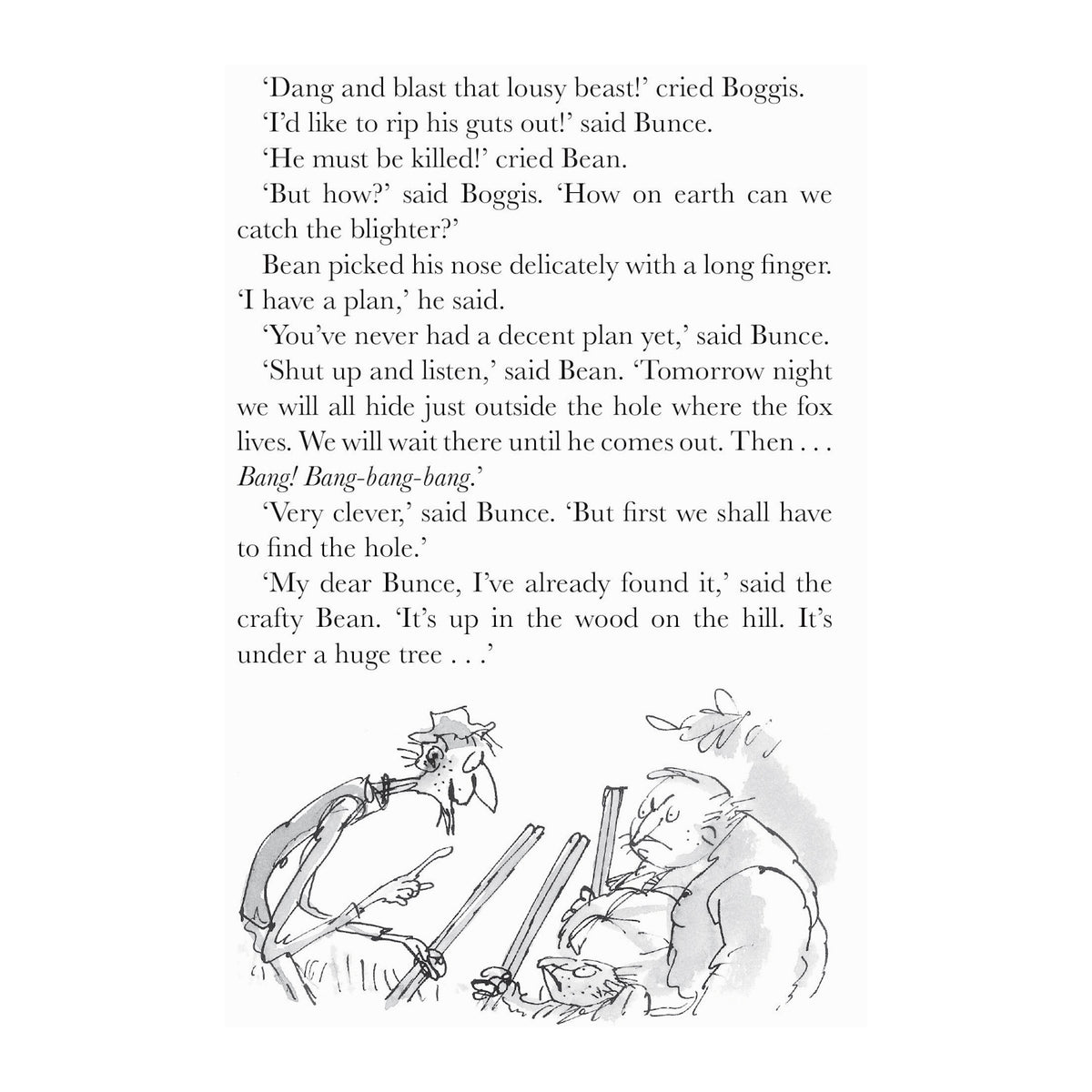 Orange book page with text of Boggis, Bunce, and Bean discussing a plan, and an illustration of the three farmers.