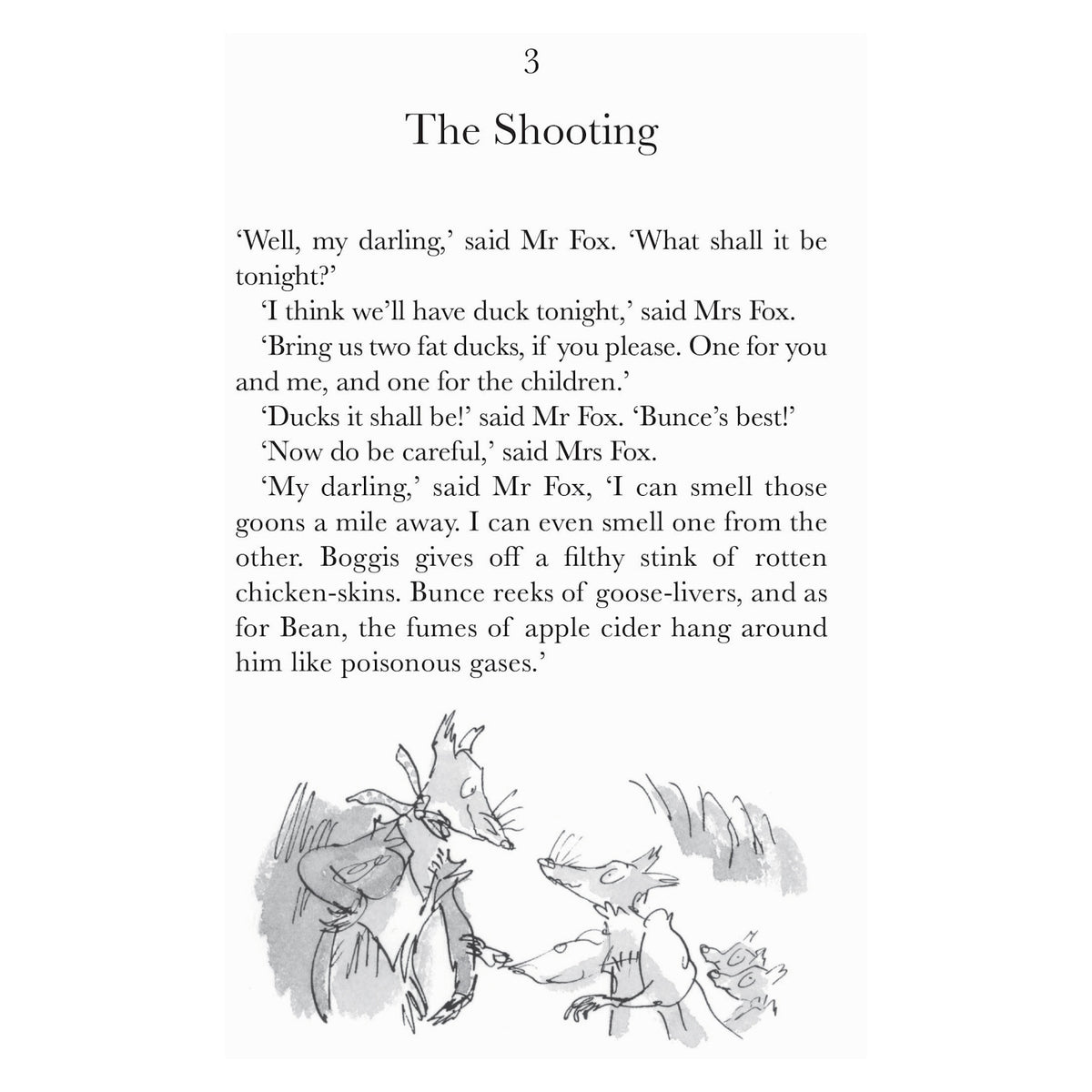 Book page for Chapter 3, "The Shooting," featuring a conversation between Mr. and Mrs. Fox and an illustration of foxes.