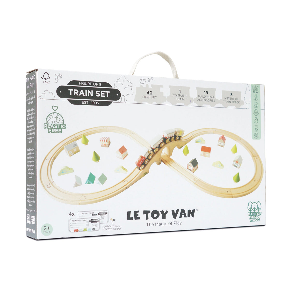 Packaging box for Le Toy Van 40-piece wooden Figure of 8 Train Set.
