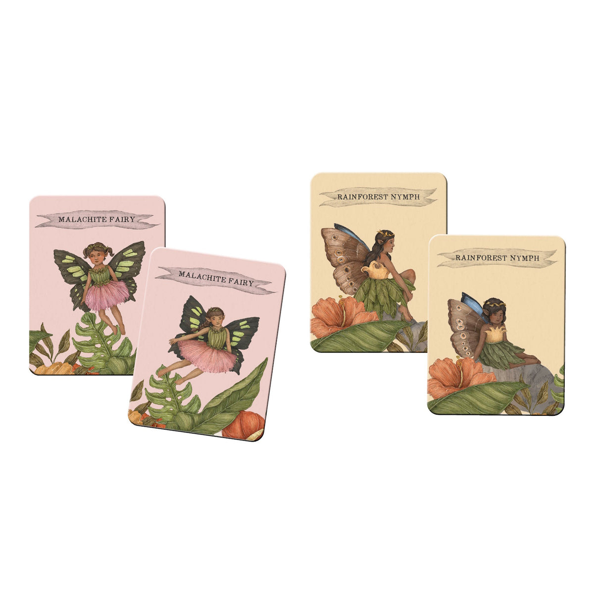 Two pairs of matching memory game cards displaying Malachite Fairy and Rainforest Nymph illustrations.