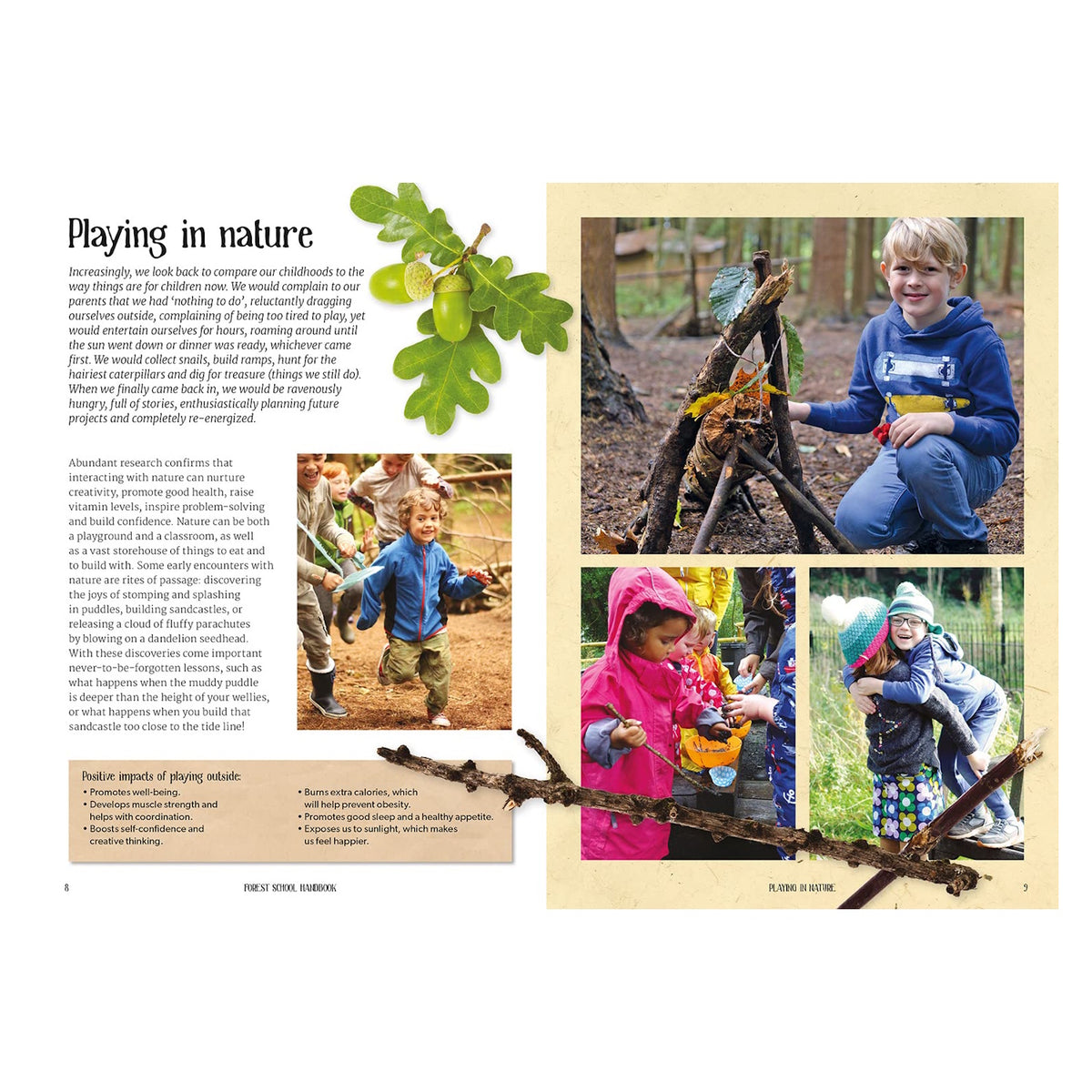 Children playing outdoors in nature alongside text and illustrations about the benefits of outdoor play.