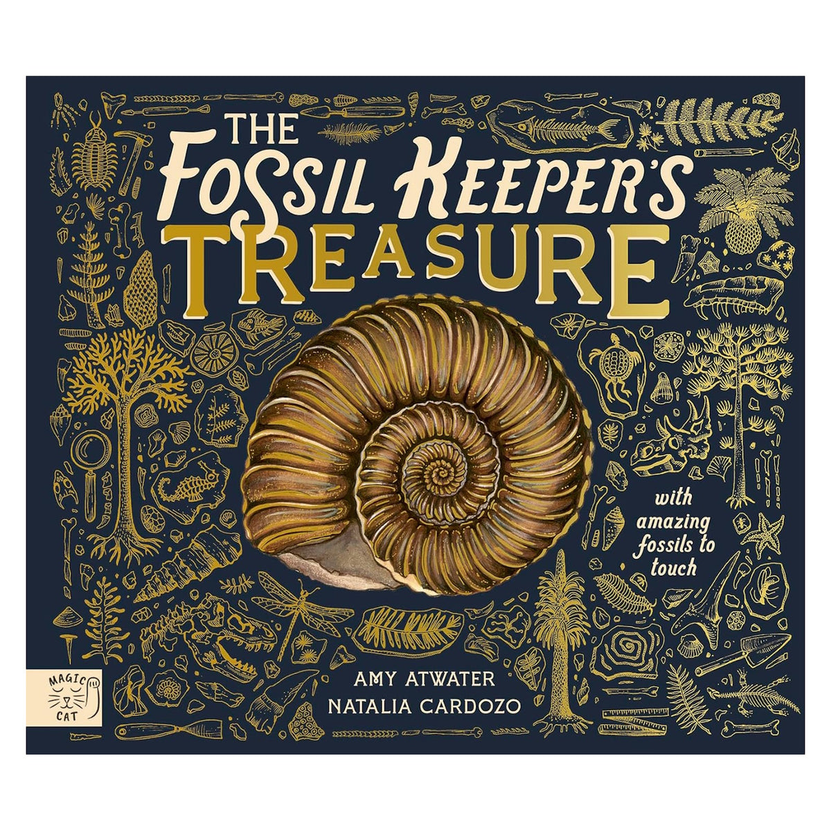 Book cover for The Fossil Keeper's Treasure featuring a large ammonite shell and gold fossil illustrations.