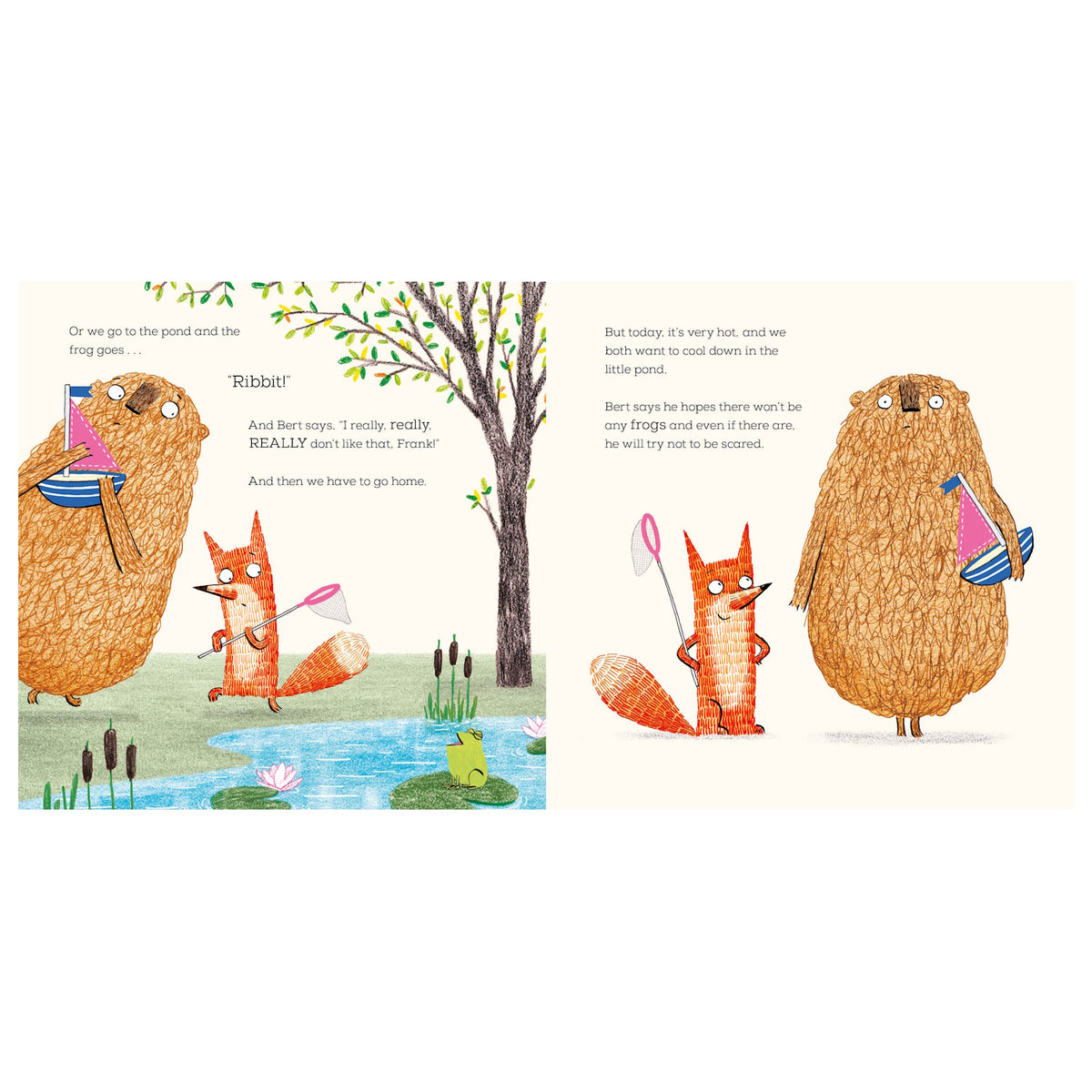 Illustration of a fluffy bear and a fox with nets near a pond. A frog is on a lily pad, and a tree stands behind them. The scene is playful and vibrant.