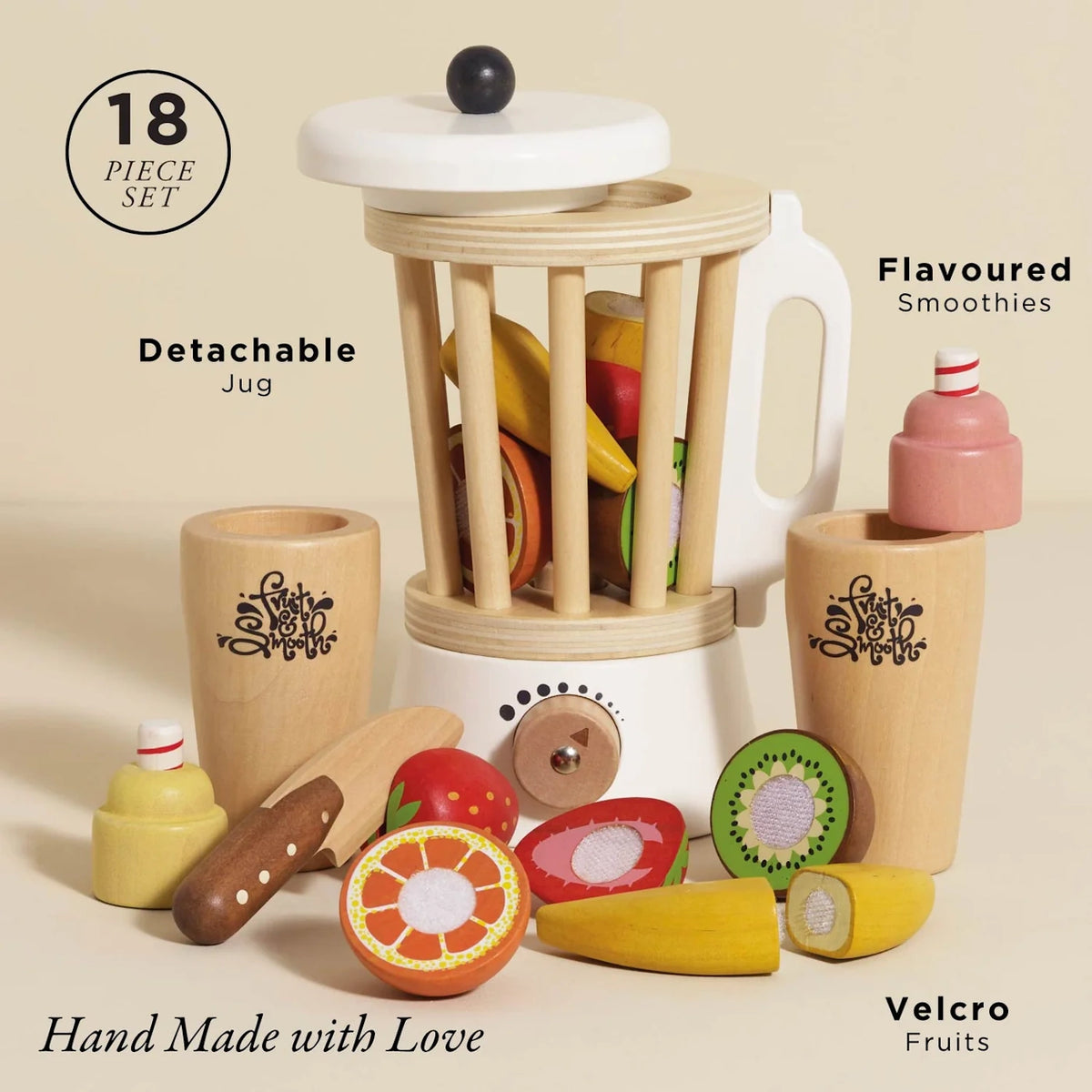 Wooden 18-piece toy blender set featuring Velcro fruits, cups, and labels highlighting its features.