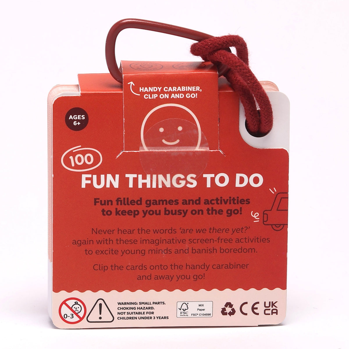 Back packaging of "100 Fun Things To Do" travel activity cards with a red carabiner clip.