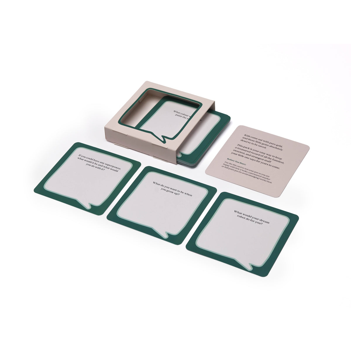Open card box with prompt cards featuring speech bubbles and question texts on a white background.