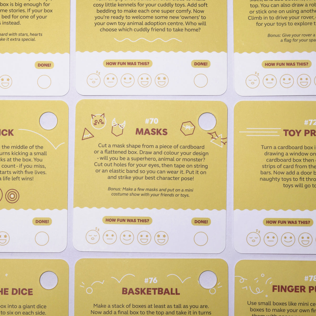 Yellow activity cards laid flat with creative ideas for kids using cardboard boxes.