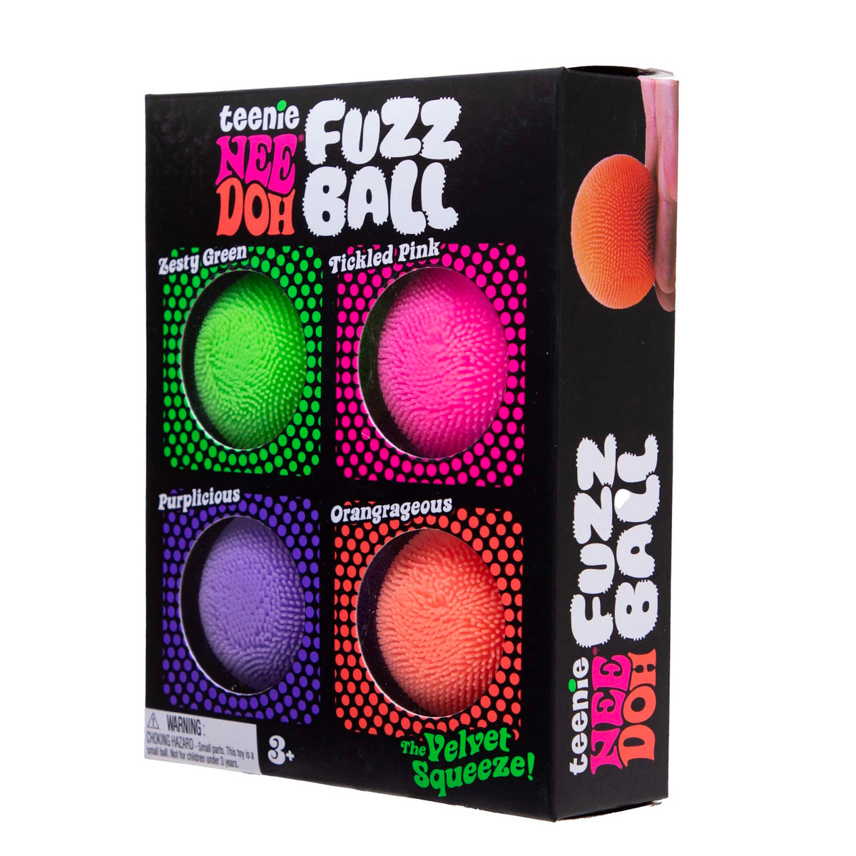 Four colorful Teenie NeeDoh Fuzz Balls in a black box, featuring green, pink, purple, and orange toys.