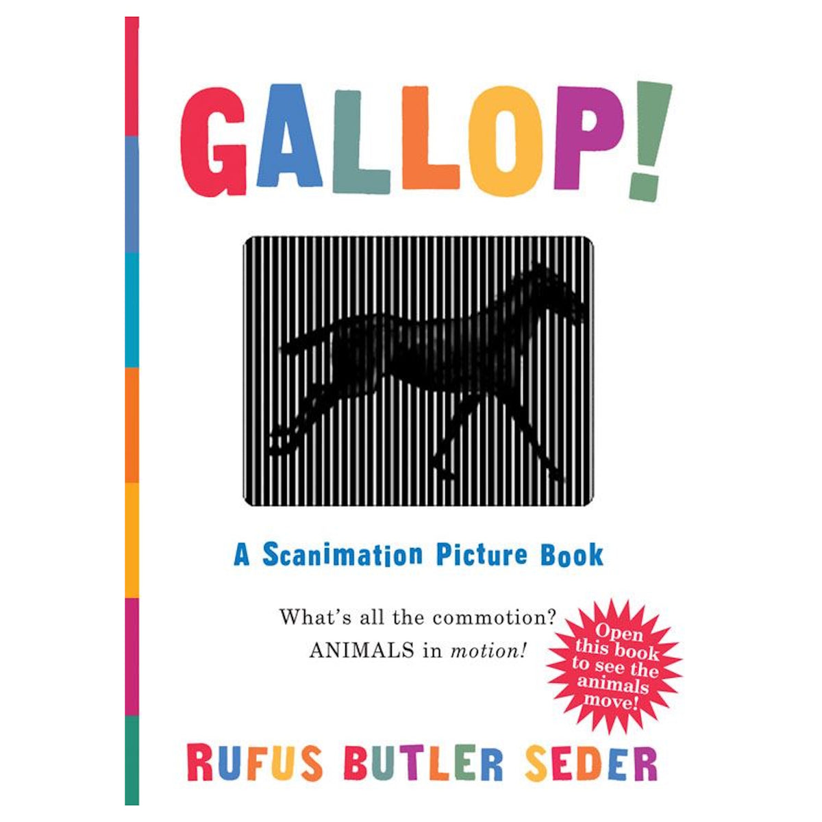 Book cover for Gallop! by Rufus Butler Seder, featuring a Scanimation silhouette of a galloping horse.