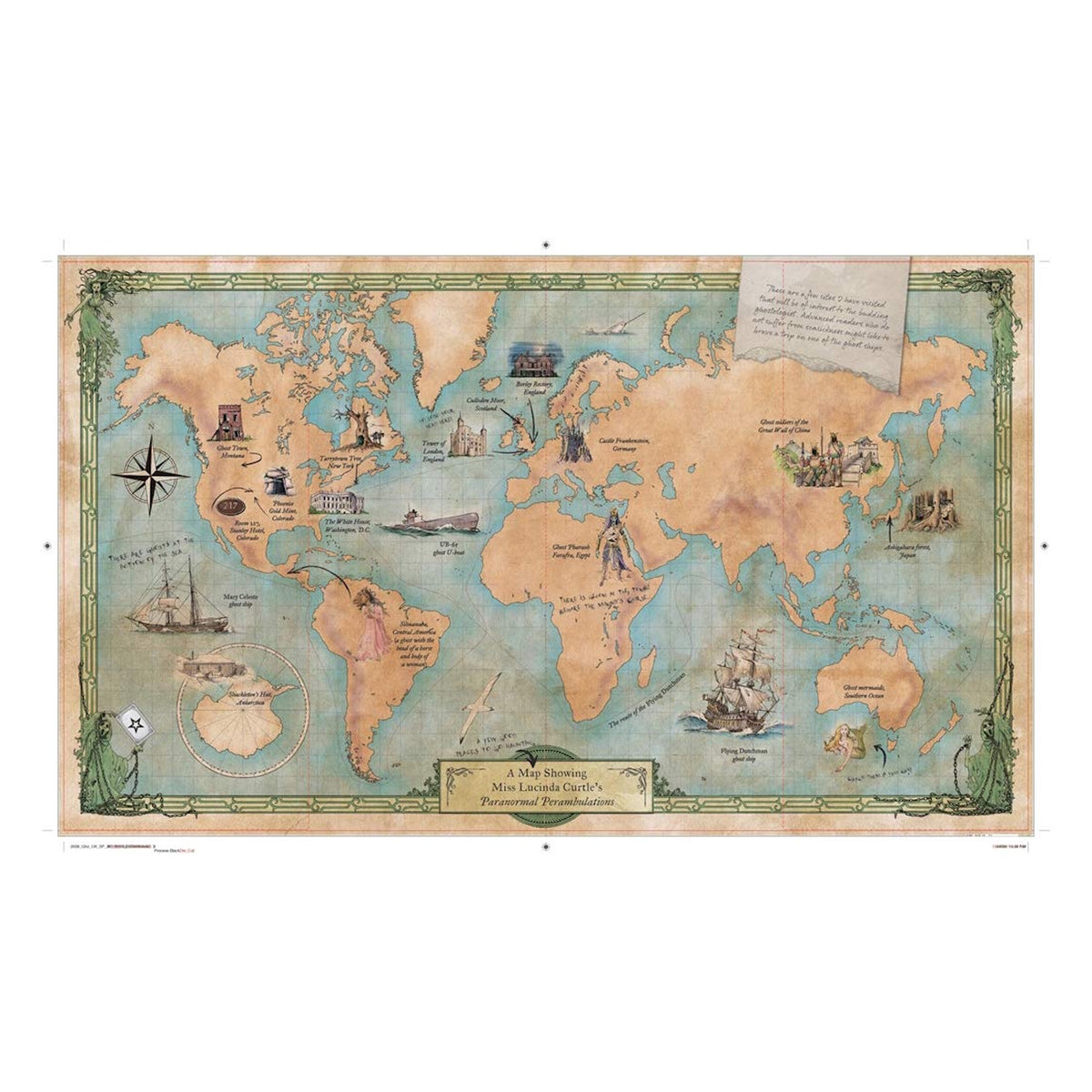 Antique-style world map titled "Miss Lucinda Curtle’s Paranormal Perambulations" featuring illustrations of global ghost sites.