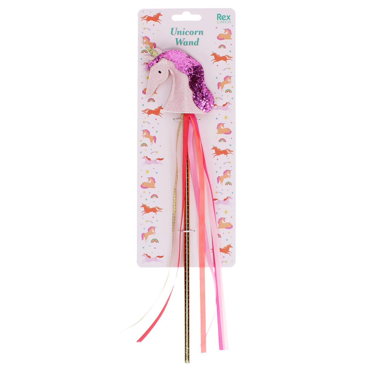 Pink glittery unicorn toy wand with colorful hanging ribbons, attached to its original retail packaging.