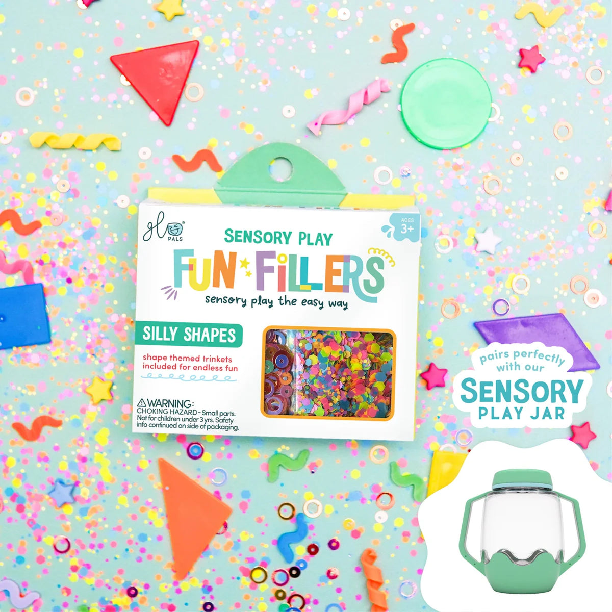 Glo Pals Silly Shapes Fun Fillers box surrounded by colorful confetti and shape trinkets.